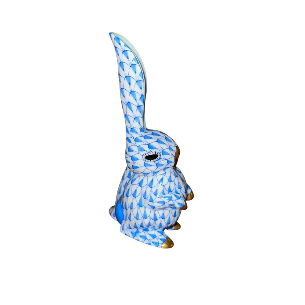 Herend Porcelain Blue Fishnet 4” One Ear Up Rabbit Figurine Gold Accents 5325 - Picture 5 of 7